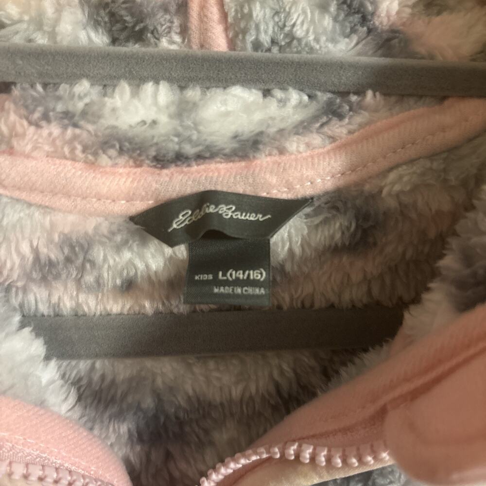 Eddie Bauer Jacket Girls Large 14-16 Pink Hooded Soft Geometric Art Sherpa Y2k - Picture 3 of 4